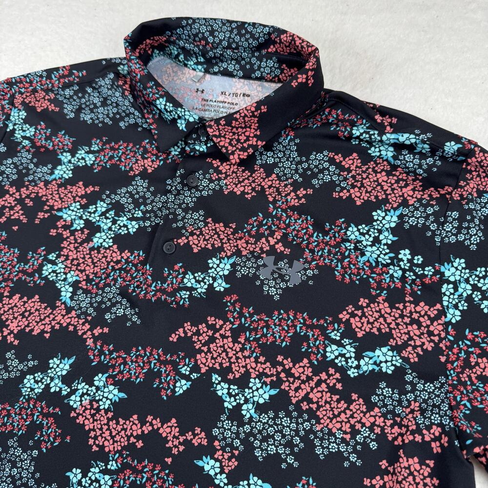Under Armour Polo Shirt Mens Size XL Black Floral Playoff Golf Stretch Loose
